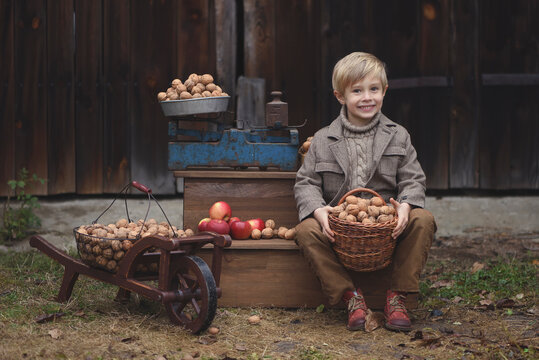 Little stylish boy with apples and nuts. 
