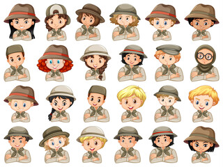 Set of different characters of boys and girls scout costume on a white background