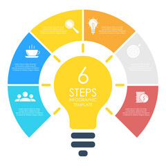 Light bulb infographic. Modern colorful lamp. Business idea concept with 6 options, steps or elements. Template for presentation or graph.