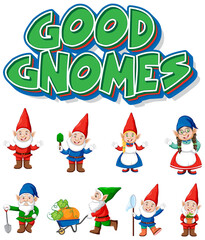 Good gnomes logo with many cute gnomes on white background