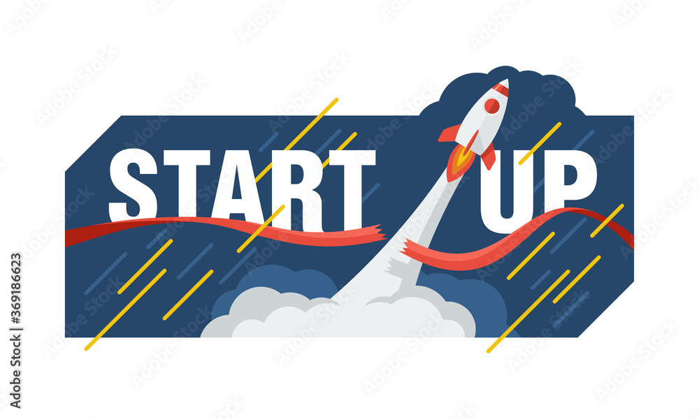 Poster startup concept - rocket launching into space and cuts the red ribbon - cartoon spaceship with smoky