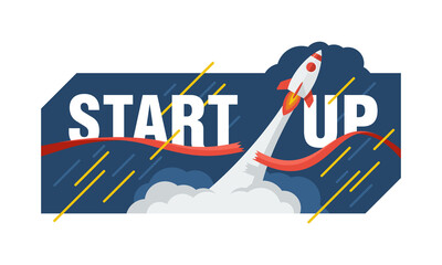 Startup concept - rocket launching into space and  cuts the red ribbon - cartoon spaceship with smoky track and diagonal lines - vector illustration 