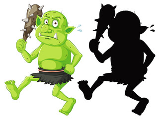 Goblin or troll holding hunting tool in color and silhouette in cartoon character on white background