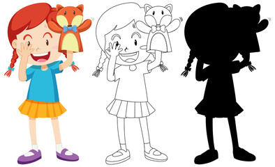 Girl playing with doll hand in colour and silhouette and outline