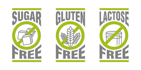 Sugar free, Gluten free, Lactose free - set of vector attention tags - food cover decoration element for healthy nutrition