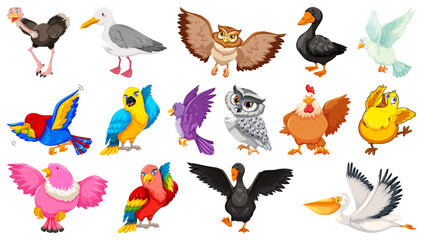 Obraz premium Set of different birds cartoon style isolated on white background