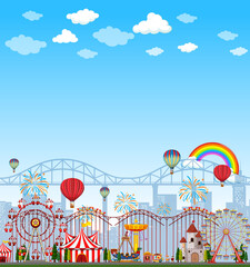 Amusement park scene at daytime with blank bright blue sky