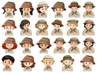 Set of different characters of boys and girls scout costume on a white background