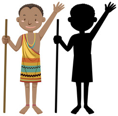 Set of people of African tribes character with its silhouette