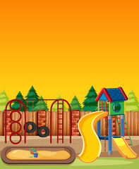 Kids playground in the park with red and yellow light sky cartoon style