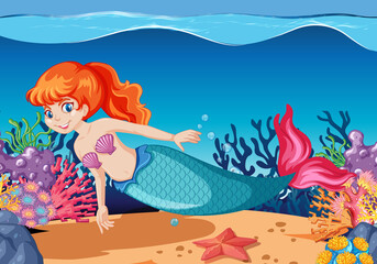 Cute mermaid cartoon character cartoon style on under sea background