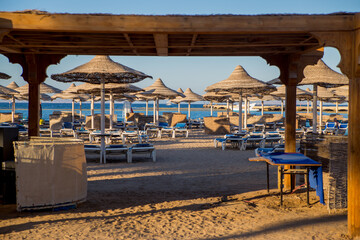 beach with umbrellas and sun loungers by the sea