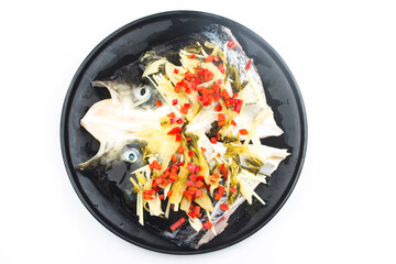 Fresh silver carp head on top of white background，