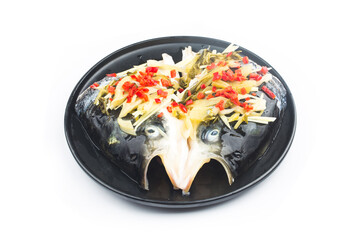 Fresh silver carp head on top of white background，