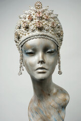 Head of mannequin in creative white headwear with flowers and pearls