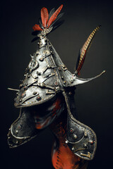 Mannequin in helmet with feathers on gray background