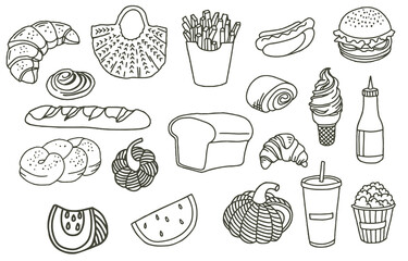 Black doodle obect with bread,popcorn,ice cream,pumpkin.Vector illustration for icon,logo,tattoo,accessories and menu