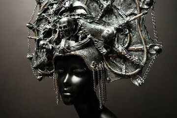 Head of mannequin in creative metal kokoshnick, dark studio background