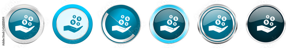 Aufkleber save money silver metallic chrome border icons in 6 options, set of web blue round buttons isolated 
