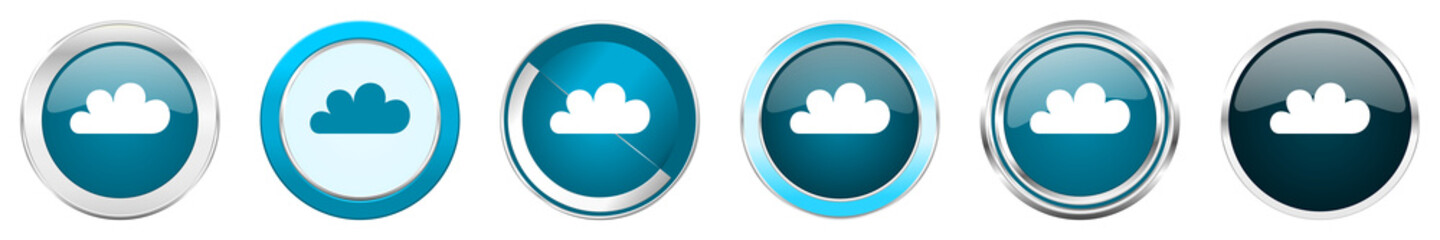 Cloud silver metallic chrome border icons in 6 options, set of web blue round buttons isolated on white background