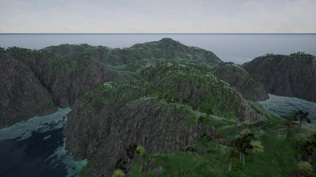 caribbean island flying panorama above the cliffs on a rainy day 3DCG animation