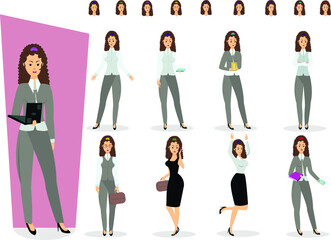 Set of business Woman character vector design.  Presentation in various action with emotions, running, standing and walking.