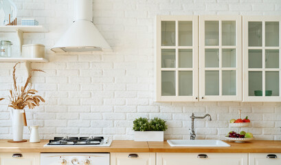 Kitchen interior with kitchen utensils. Scandi style.
