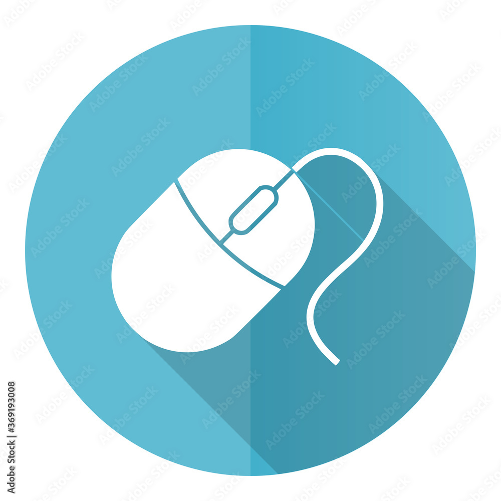 Poster mouse vector icon, flat design blue round web button isolated on white background