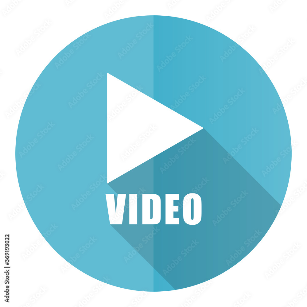 Aufkleber video vector icon, flat design blue round web button isolated on white background