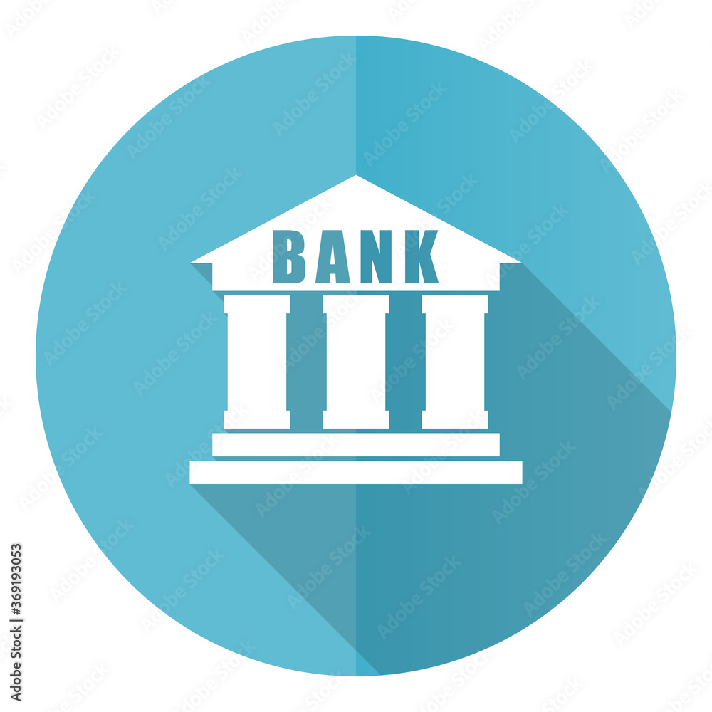 Aufkleber bank vector icon, flat design blue round web button isolated on white background