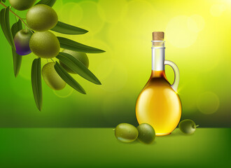 Leaf of green olives. Realistic bottle of olive oil branch. Vector illustration.