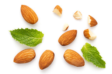 Almonds and Mint leaves isolated on white background