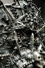 Head of mannequin in creative metal kokoshnick, dark studio background