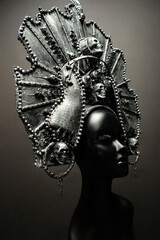 Head of mannequin in creative metal kokoshnick, dark studio background