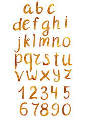 Coffee alphabet and numbers on white background