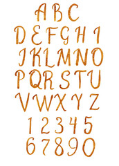 Coffee alphabet and numbers on white background