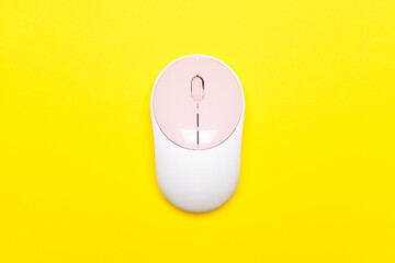 Modern computer mouse on color background