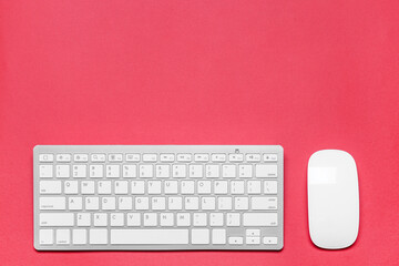 Modern computer mouse and keyboard on color background