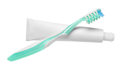 Tooth brush and paste on white background