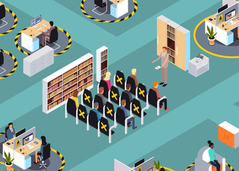 businesspeople keeping distance to prevent coronavirus pandemic social distancing concept business presentation meeting in conference hall horizontal full length isometric vector illustration