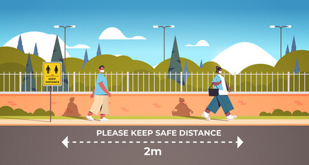 people keeping 2 meters distance to prevent coronavirus pandemic social distancing concept man woman walking outdoor horizontal full length vector illustration
