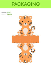 DIY party favor box die cut template design for birthdays, baby showers with cute tiger for sweets, candies, small presents. Printable color scheme. Print, cut out, fold, glue. Vector illustration