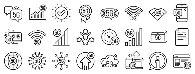 Mobile network, fast internet, phone connection. 5G technology line icons. Hotspot signal, mobile telecommunications, wifi internet icons. 5G cellular network technology. Vector