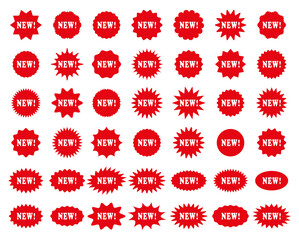 New arrival price stickers. Star burst tags. Vector. Discount promo stamp. Circle, round splash badge. Set starburst shapes isolated on white background. Red product label. Illustration in flat design