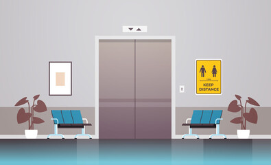 signboards for social distancing on on wall near coronavirus epidemic protection measures concept horizontal vector illustration