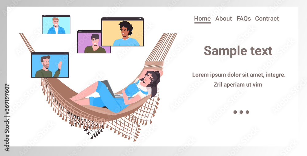 Poster woman relaxing in hammock chatting with mix race friends in web browser windows during video call on