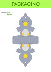 DIY party favor box die cut template design for birthdays, baby showers with cute raven for sweets, candies, small presents. Printable color scheme. Print, cut out, fold, glue. Vector illustration