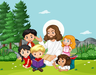 Obraz na płótnie Canvas Jesus with children in the park