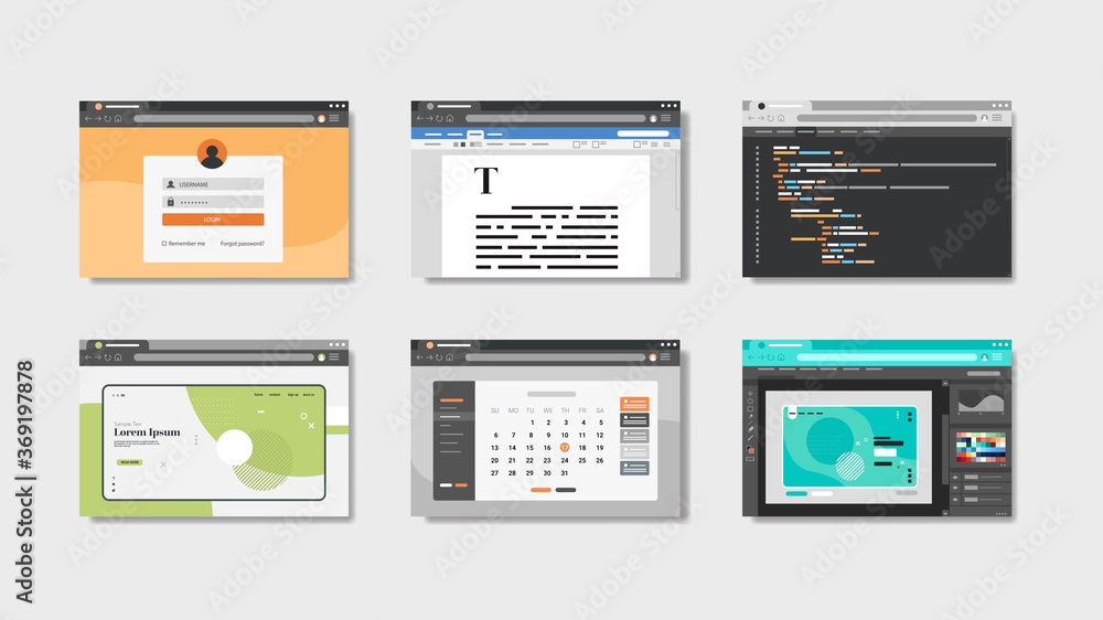 Poster set landing pages website templates in web browser windows application development concept horizonta