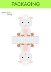 DIY party favor box die cut template design for birthdays, baby showers with cute sheep for sweets, candies, small presents. Printable color scheme. Print, cut out, fold, glue. Vector illustration